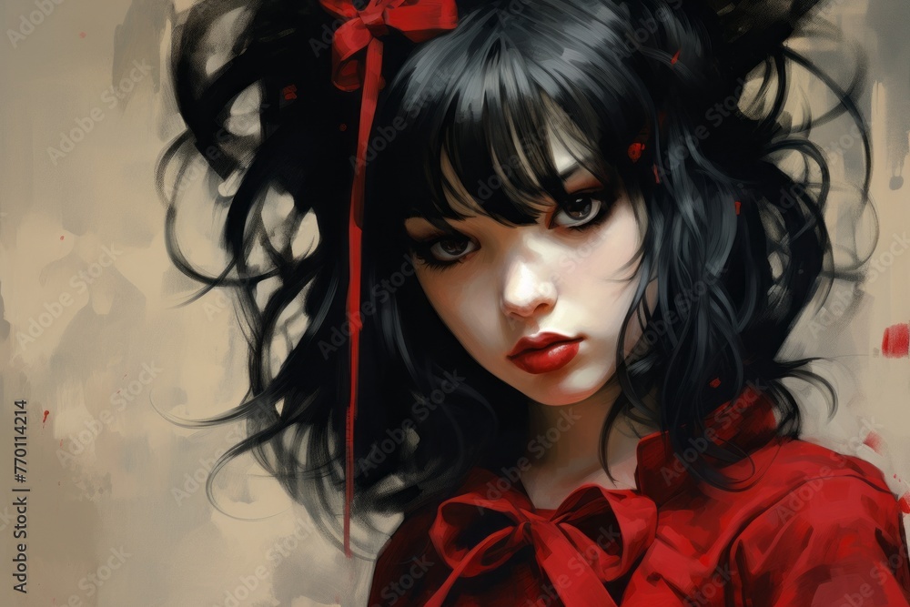 Obraz premium Painting of a Girl With Black Hair and a Red Bow