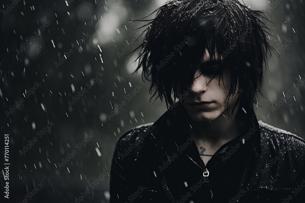 Obraz premium Emo boy Man With Black Hair Standing in the Rain