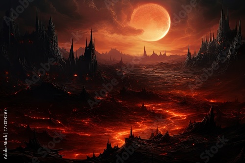 Painting of a Red Moon Over a Dark Landscape