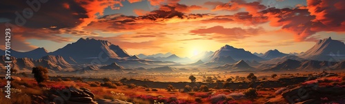 panoramic view of mountain range under colorful blue and orange sundown in evening time