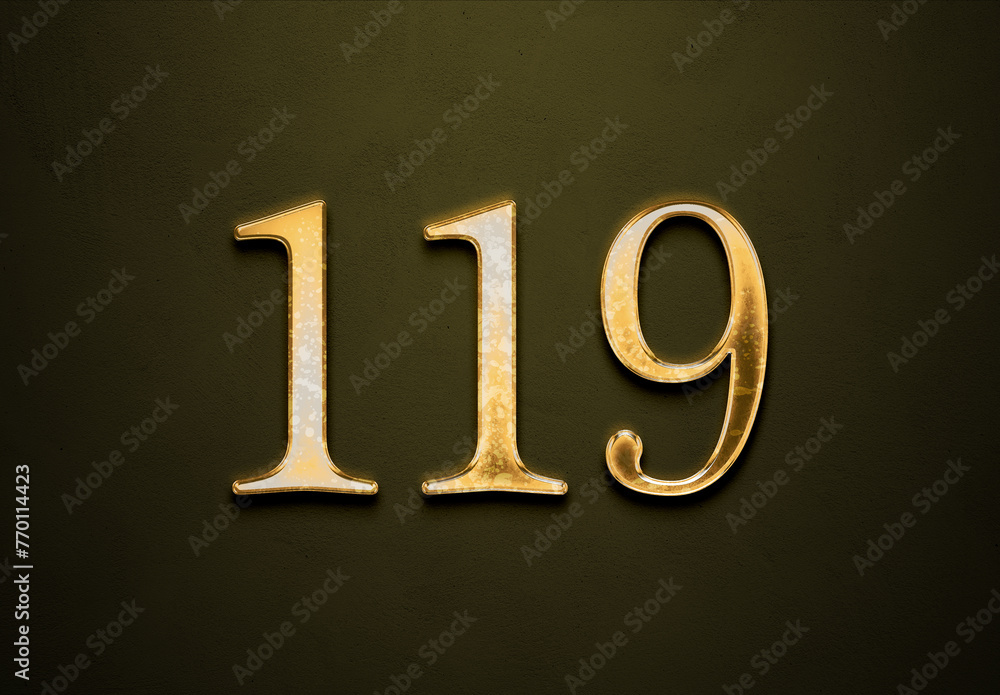 Old gold effect of 119 number with 3D glossy style Mockup. Old gold effect of 119 number with 3D glossy style Mockup.