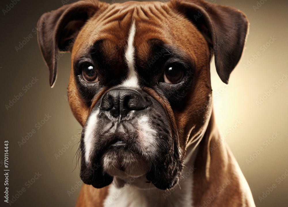 A boxer dog. A thoroughbred dog of brown color.