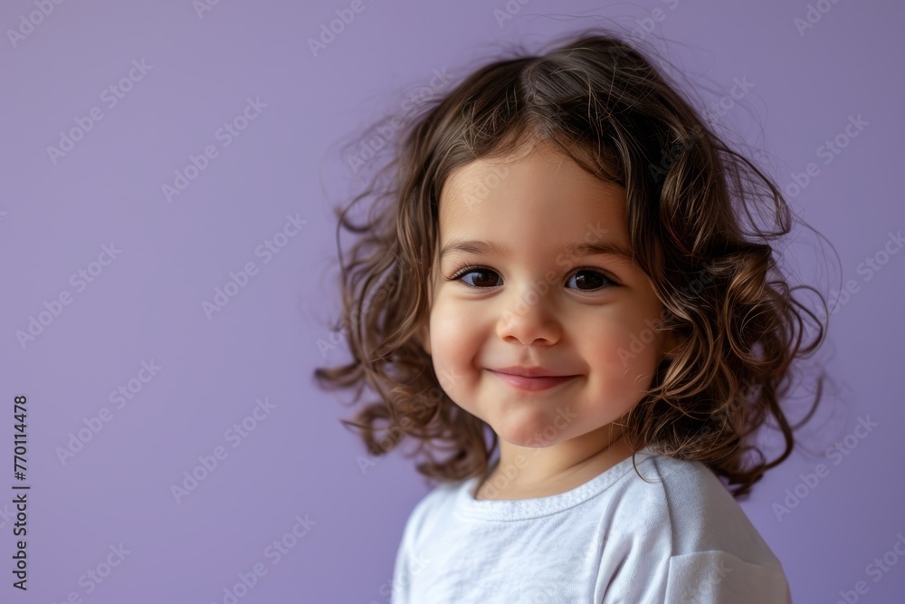 Portrait of a beautiful little girl with curly hair on a purple background Portrait of a beautiful little girl with curly hair on a purple background