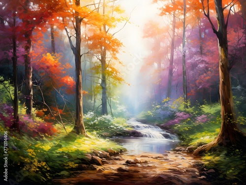 Autumn forest with river and fog, panoramic view.