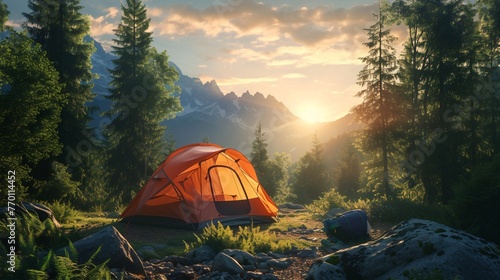 Camping tent, tourist camp in the forest. Outdoor adventure and summer concept, nature landscape