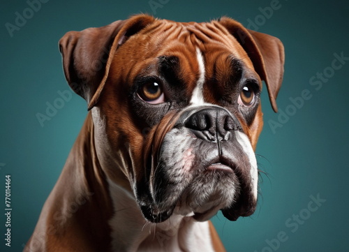 A boxer dog. A thoroughbred dog of brown color.