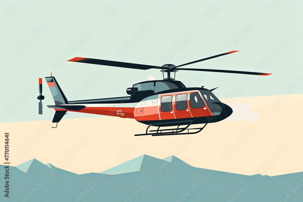 Fototapeta premium Red and Black Helicopter Flying Over Mountain Range