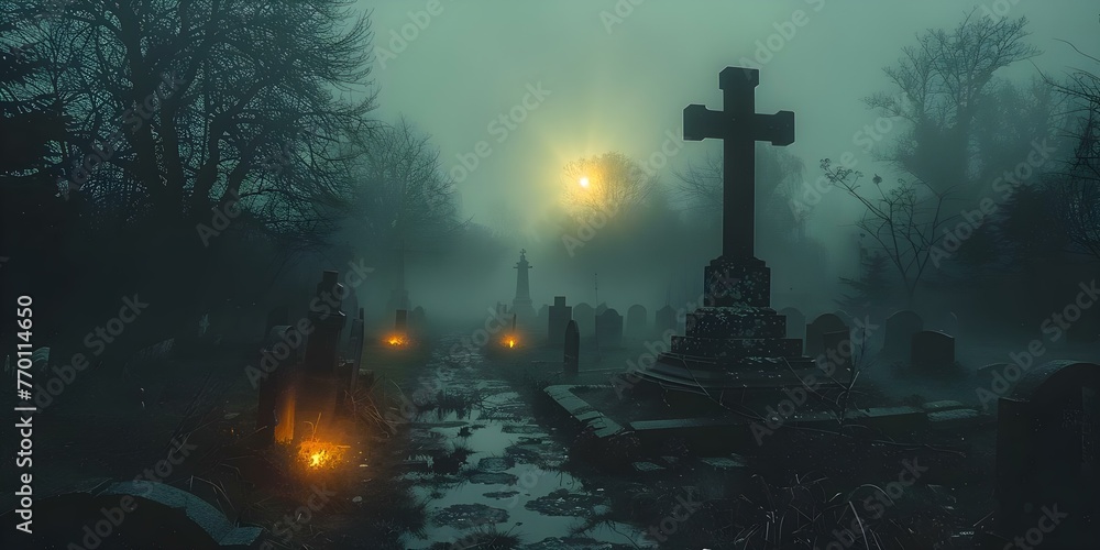Creepy Cemetery Scene at Night with Fog and Eerie Lighting Ideal for Halloween. Concept Halloween Photoshoot, Spooky Setting, Nighttime Atmosphere, Foggy Ambiance, Eerie Lighting - obrazy, fototapety, plakaty 