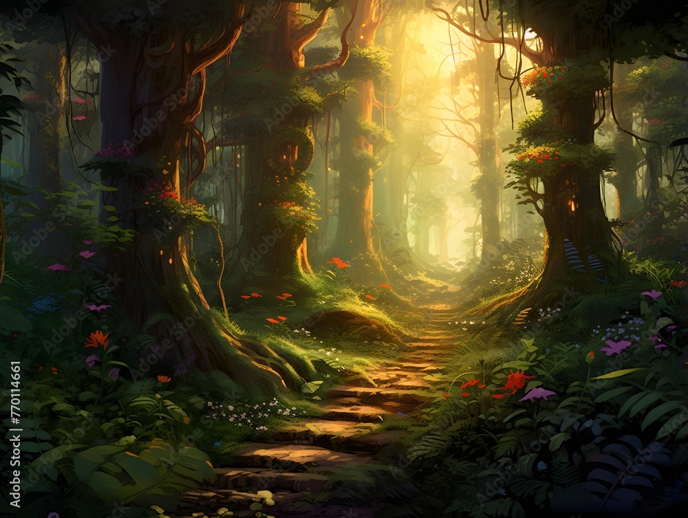 Digital painting of a path in a fantasy forest with trees and plants
