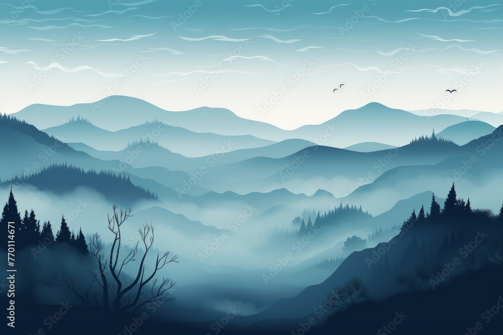 A Painting of a Foggy Mountain Landscape