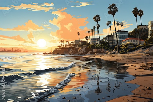 A Painting of a Beach at Sunset With Palm Trees