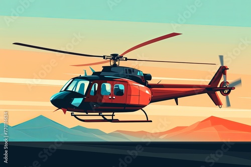 Red Helicopter Flying Over Mountain Range