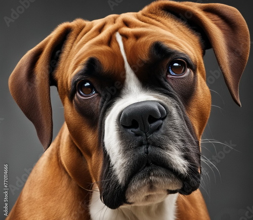 A boxer dog. A thoroughbred dog of brown color.