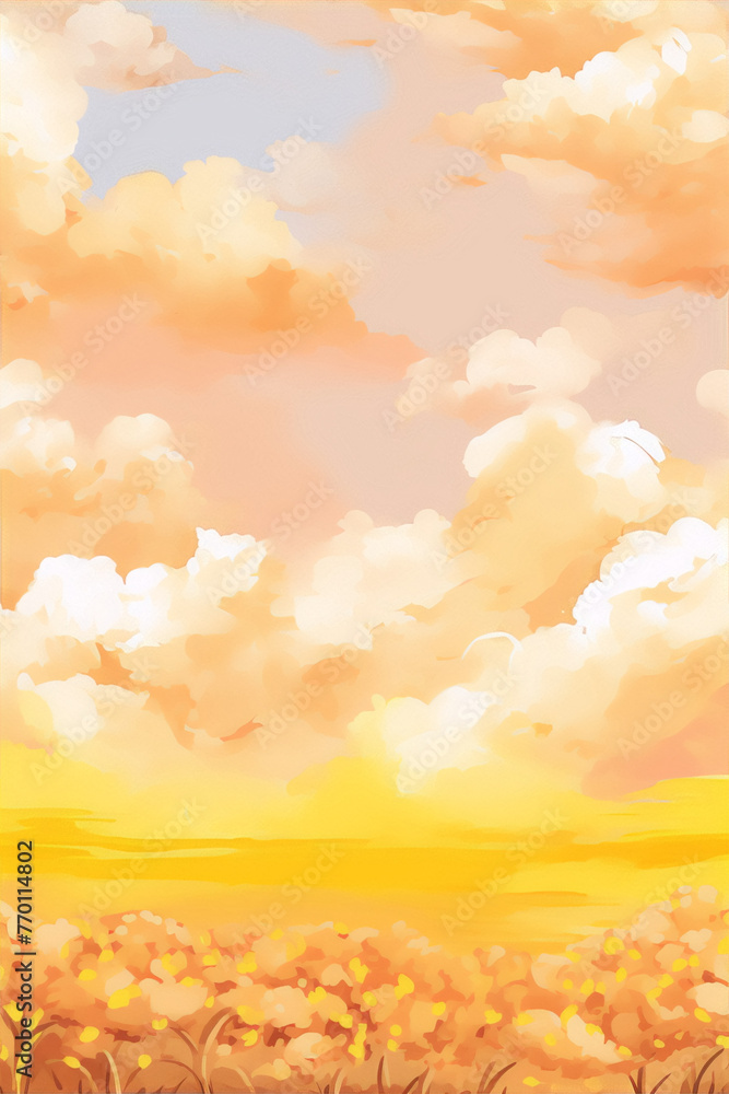 Fluffy white cloudscape with a bright yellow backdrop in cartoon style, perfect for a cheerful kids room Fluffy white cloudscape with a bright yellow backdrop in cartoon style, perfect for a cheerful kids room