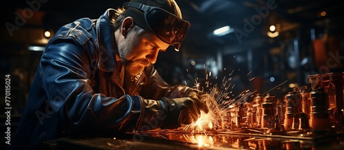 Worker in safety mask welding metal in factory. Metal industry. photo