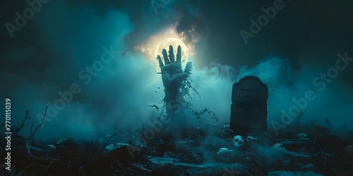 Night-time graveyard scene with mist, full moon, and zombie hand emerging from grave. Concept Halloween, Spooky, Graveyard, Night-time, Zombies