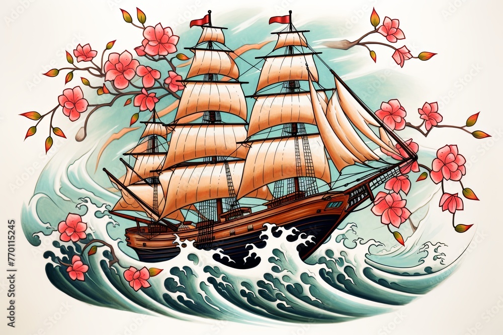 Drawing of a Ship Adorned With Flowers