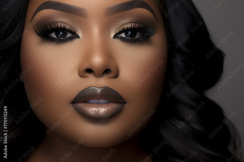 A close-up showcases a plus-size model with beautifully applied makeup, featuring a perfectly contoured complexion, bold eyeliner, and full eyelashes.