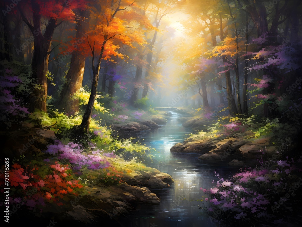Beautiful autumn landscape with river and colorful forest. Digital painting.
