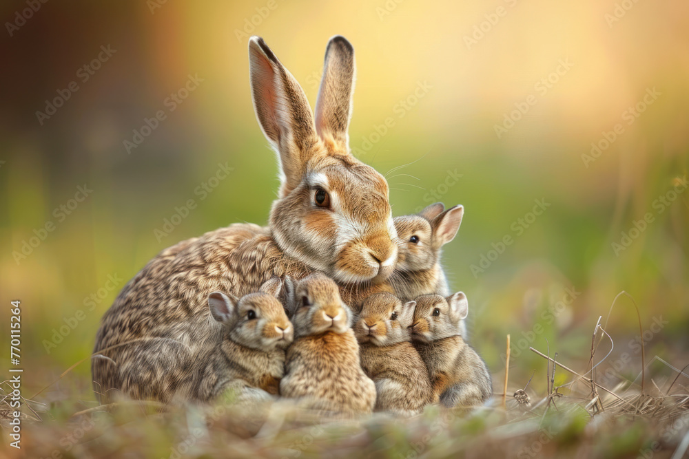 A rabbit is taking care of her cub, animal and love, familiy concept A rabbit is taking care of her cub, animal and love, familiy concept