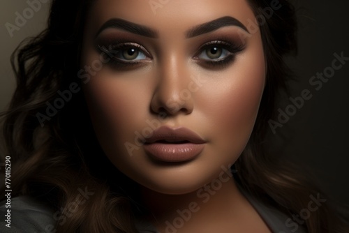 A close-up showcases a plus-size model with beautifully applied makeup, featuring a perfectly contoured complexion, bold eyeliner, and full eyelashes.