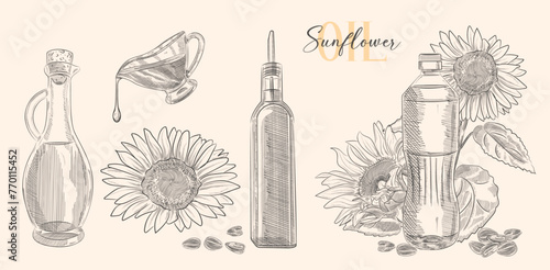 Bottle of sunflower oil with flower and heap of seed. Vector Hand drawn illustration. Glass pitcher vintage engraving isolated on white background. Great for menu, banner, label, logo, flyer