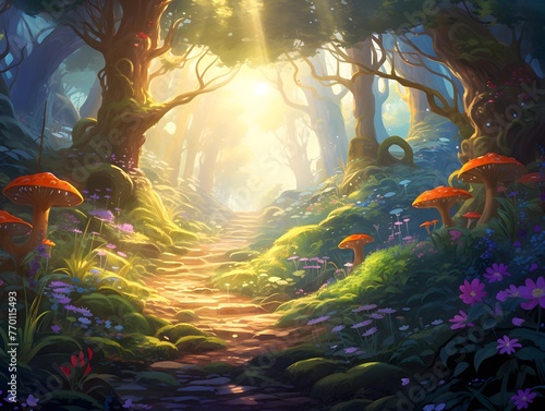 Fantasy fantasy landscape with a path in the forest  3d illustration