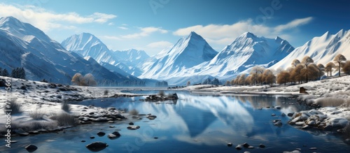 Winter landscape with a mountain river and snow-capped peaks © KRIS