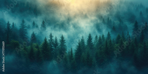 Aerial view of a misty fir forest with glowing sunlight in a vintage style, capturing a foggy, retro nature landscape at sunrise. A scenic, dreamy dawn background