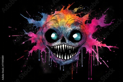 Skull With Blue Eyes and Colorful Paint Splatters