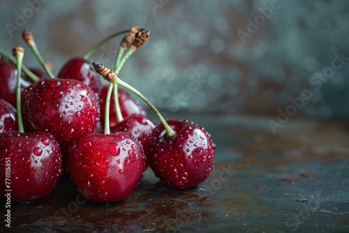 A cluster of wild cherries with deep rich colors and glossy surfaces