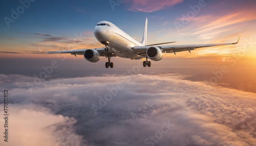 Commercial airplane jetliner flying above dramatic clouds in beautiful sunset light. Travel concept