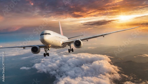 Commercial airplane jetliner flying above dramatic clouds in beautiful sunset light. Travel concept. 