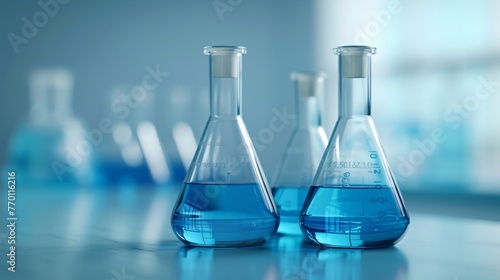 Glass flasks with blue solutions in a chemical laboratory. Medical research, pharmaceutical discovery and science concept