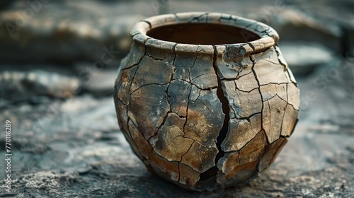 A lone cracked clay pot on a plain surface