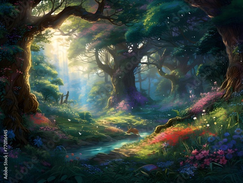 Fantasy forest with magic light and fog. 3D illustration. © Iman
