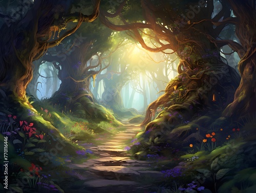 3D illustration of a fantasy dark forest with a path leading to the light © Iman