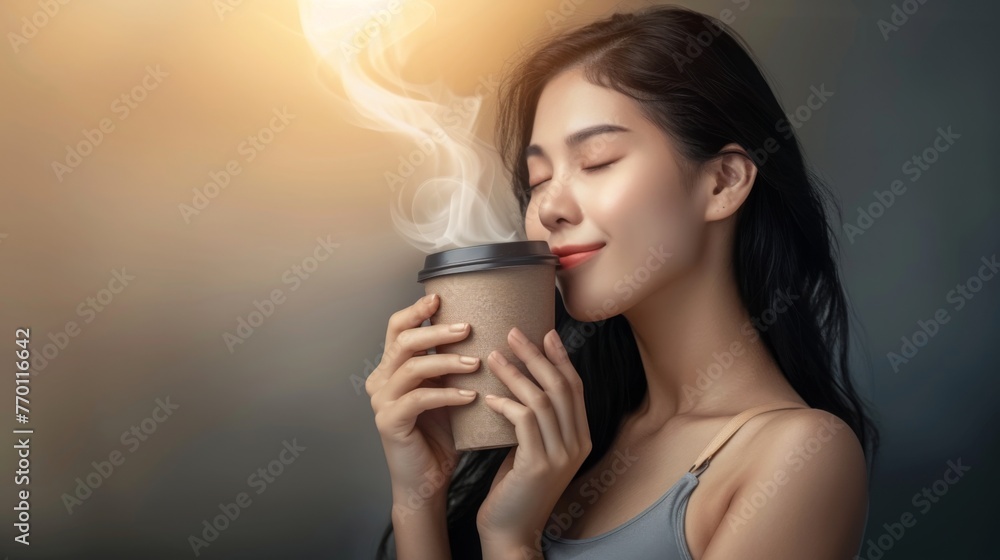Woman enjoying a hot cup of coffee with steam rising, looking content and relaxed. Concept of relaxation, coffee, and morning routine. Woman enjoying a hot cup of coffee with steam rising, looking content and relaxed. Concept of relaxation, coffee, and morning routine.