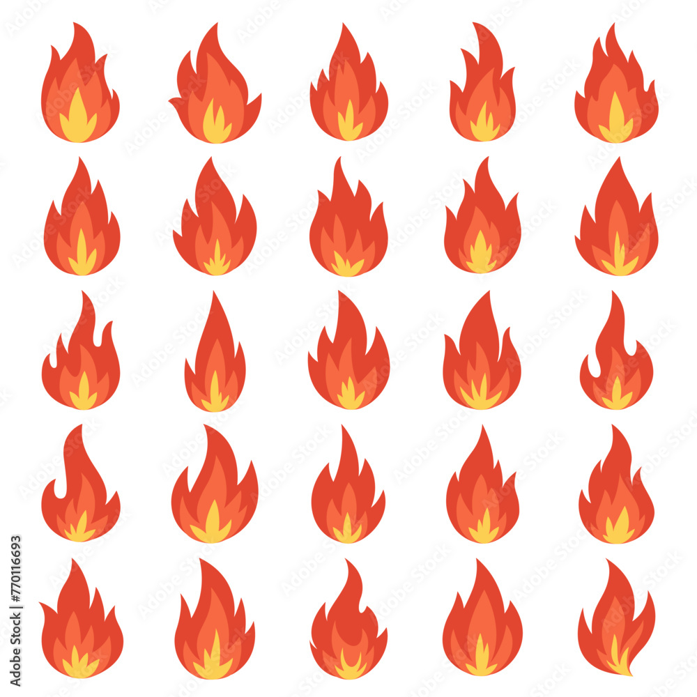 Vector Fire Flame Icon Set, Isolated. Campfire Shape Sign, Bonfire Design Template for Outdoor, Adventure, Nature Concept. Red, Orange Color Flame Icon in Front View Vector Fire Flame Icon Set, Isolated. Campfire Shape Sign, Bonfire Design Template for Outdoor, Adventure, Nature Concept. Red, Orange Color Flame Icon in Front View