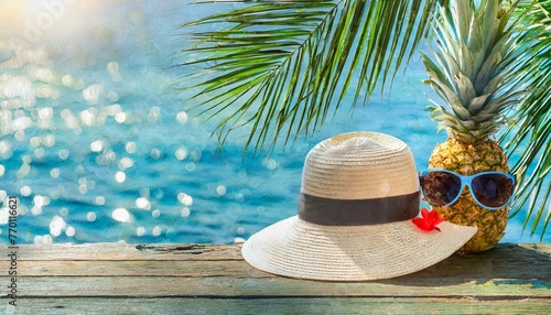 Vacation summer holiday travel tropical ocean sea banner panorama greeting card - straw hat, sunglasses pineapple and palm tree leaves photo