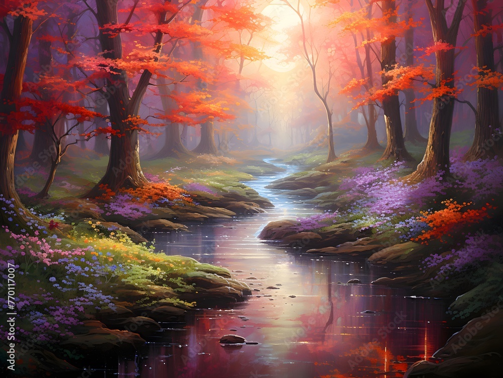 Beautiful autumn landscape with river and colorful forest. Digital painting.