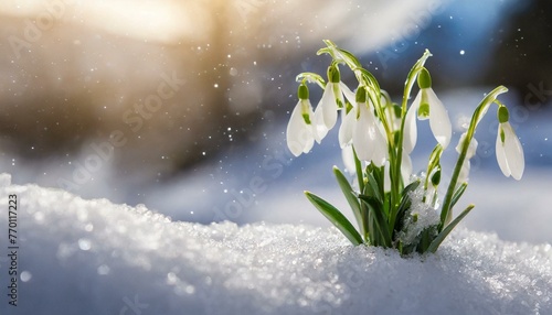 Spring awakening in the morning - White fresh snowdrops flower   Galanthus   in snow landscape