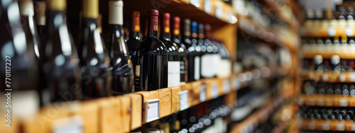 Wine bottles on wooden shelf in wine store, diminishing perspective.