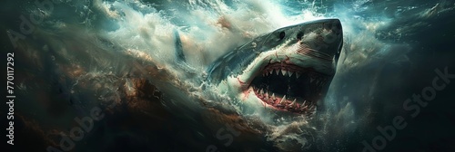 Churning waters: Great white shark navigating through a storm beneath © Oleksandr