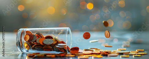 A tipped-over glass with spilled coins photo