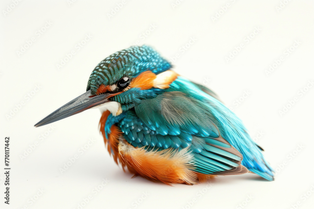 Kingfisher Bird Sitting with Feathers Ruffled on a White Background Kingfisher Bird Sitting with Feathers Ruffled on a White Background