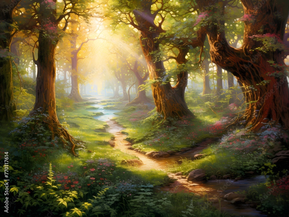 Beautiful fantasy forest landscape with fog and sunlight. Digital painting.
