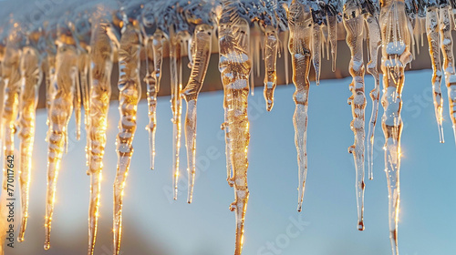 Crystal Cascades: Close-up of Icicles Adorning Roof Edge