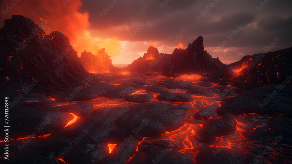 black and red lava and fire with an orange sky