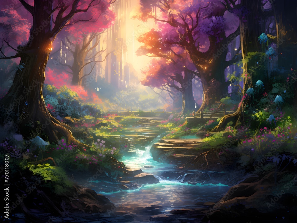 Digital painting of a river flowing through a forest in a fantasy landscape